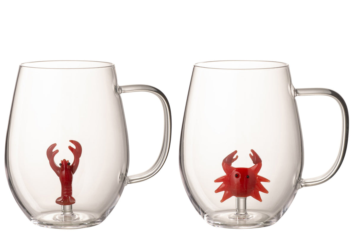 J-Line Water Glass Lobster/Crab Transparent/Red Assorted - 2 Pieces