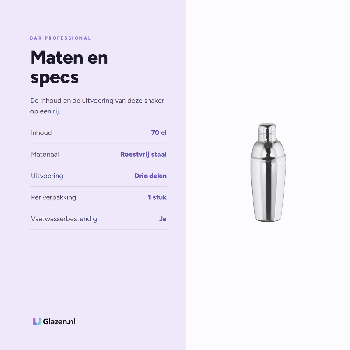 Bar Professional Cocktailshaker 3-Delig RVS 70 Cl, maten en specificaties