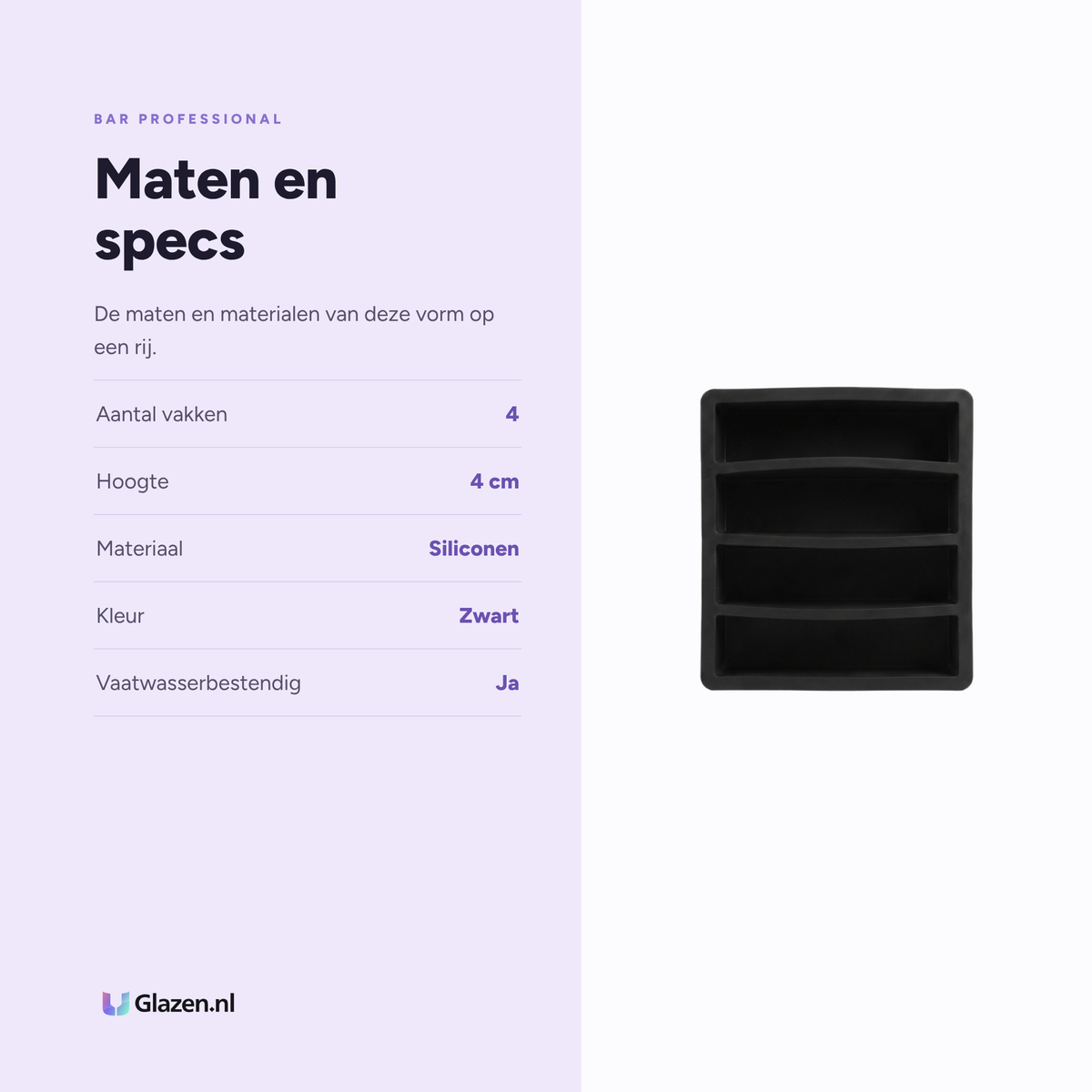 Bar Professional Collins IJsblokjesvorm 4 Vakjes Zwart specificaties: aantal vakken 4, hoogte 4 cm, materiaal Siliconen, kleur Zwart