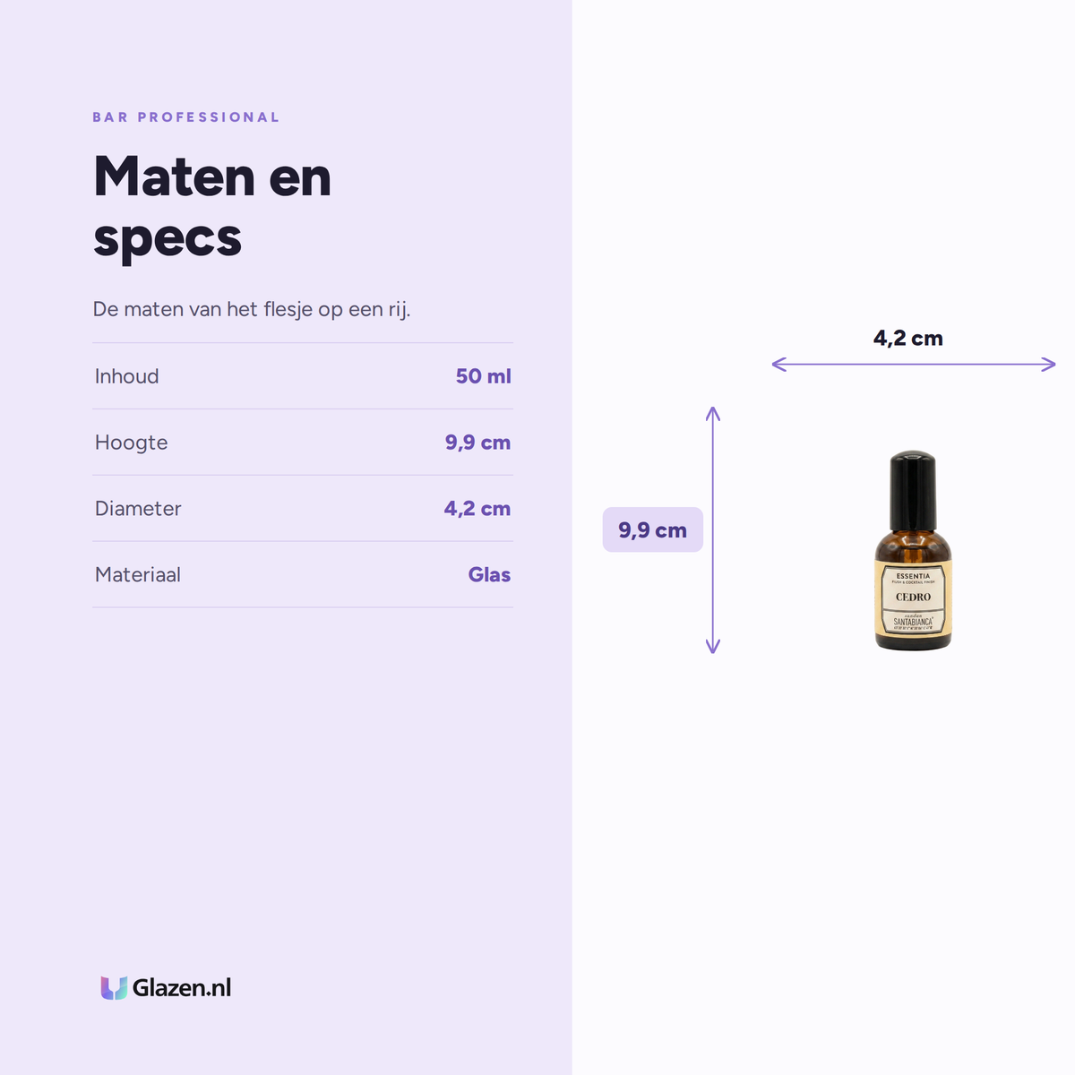 Maten en specs van de Bar Professional Essentia Cedro aromaspray van 50 ml