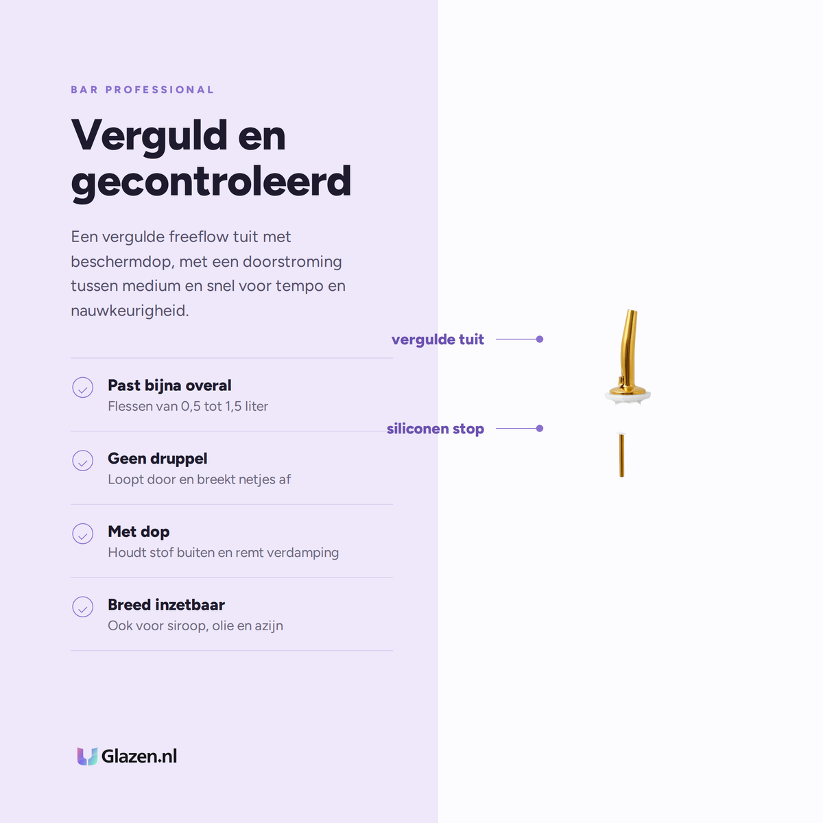 Eigenschappen van de Bar Professional freeflow schenktuit met dop in wit en goud