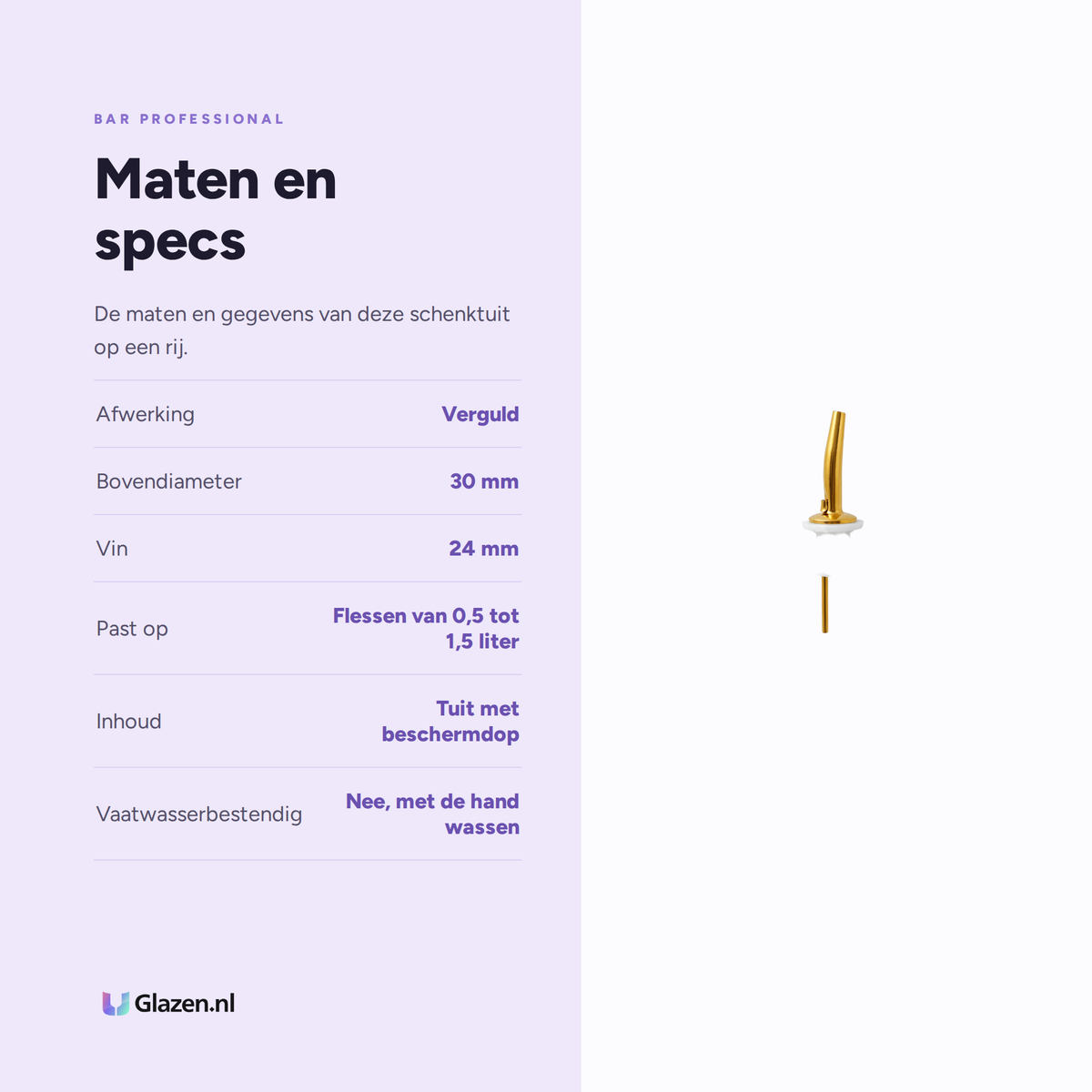 Maten en specificaties van de Bar Professional freeflow schenktuit met dop in wit en goud