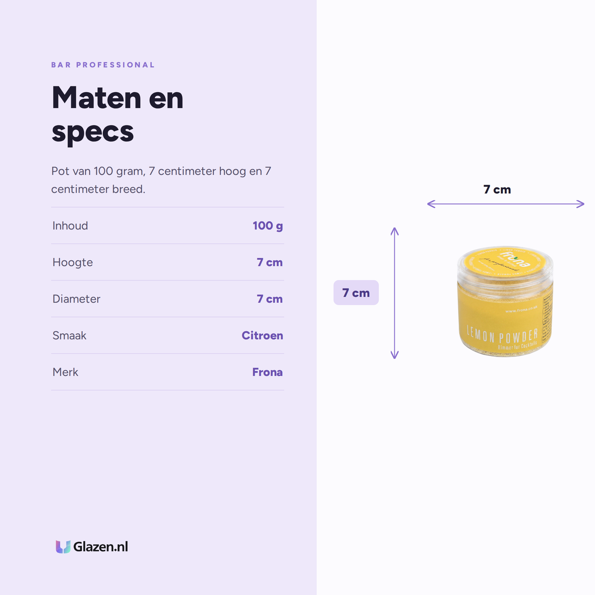 Maten en specificaties van de Frona glasrimmer met citroen van 100 gram
