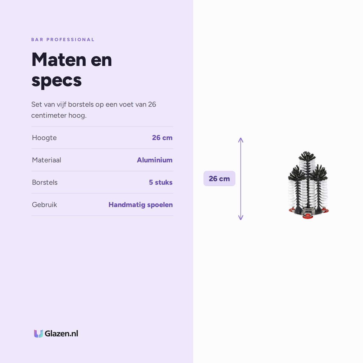 Maten en specificaties van de vijfdelige glazenborstelset van Bar Professional