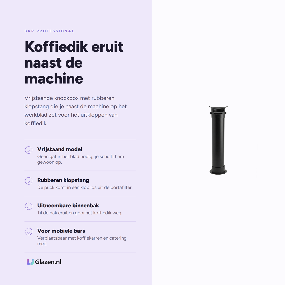 Infographic met de eigenschappen van Bar Professional Knockbox Vrijstaand Zwart