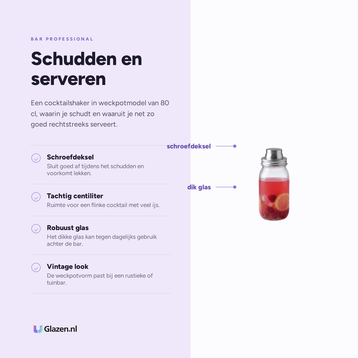 Eigenschappen van de Bar Professional Mason Jar Cocktailshaker Glas 80 Cl