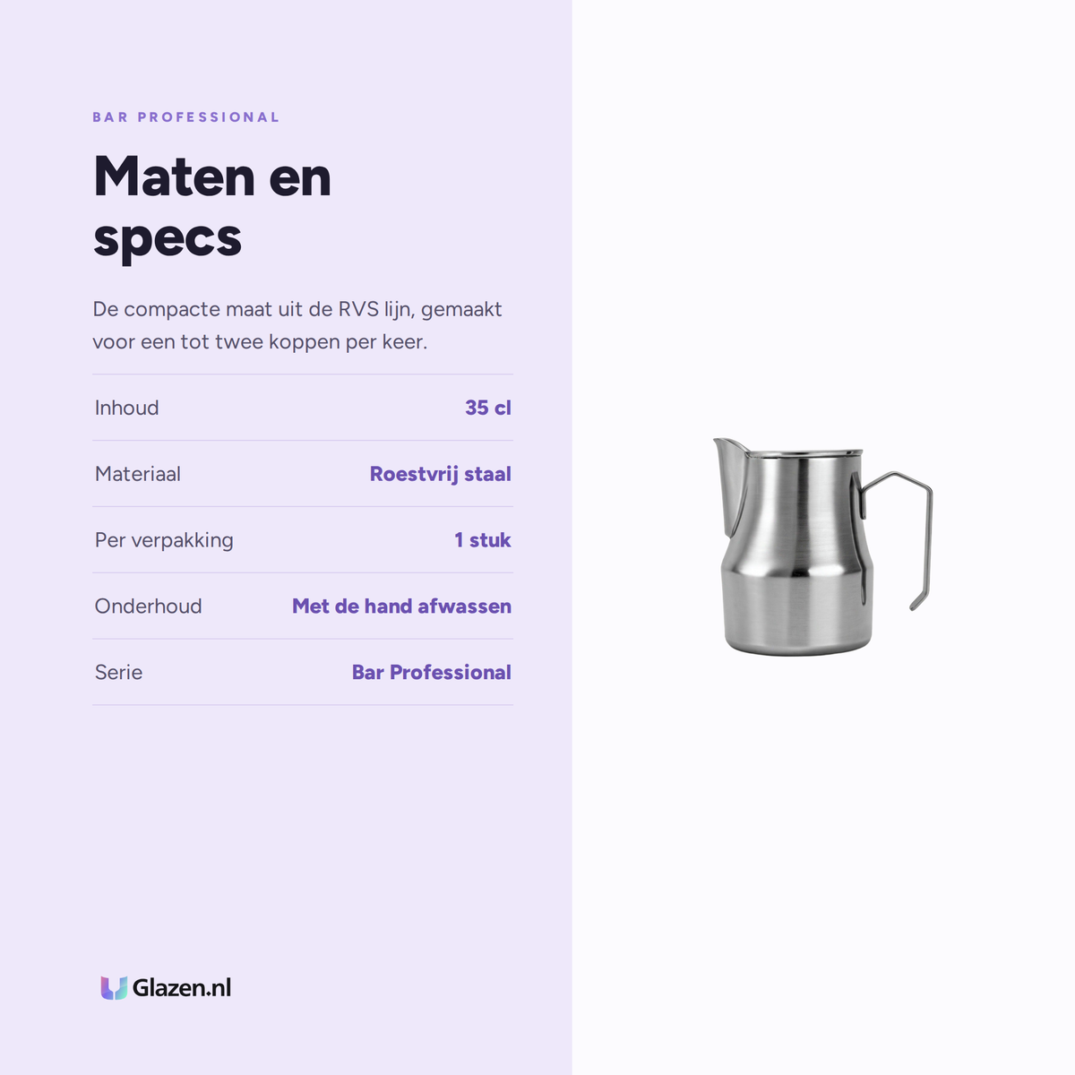 Infographic met de maten en specificaties van de Bar Professional Melkkan RVS 35 Cl