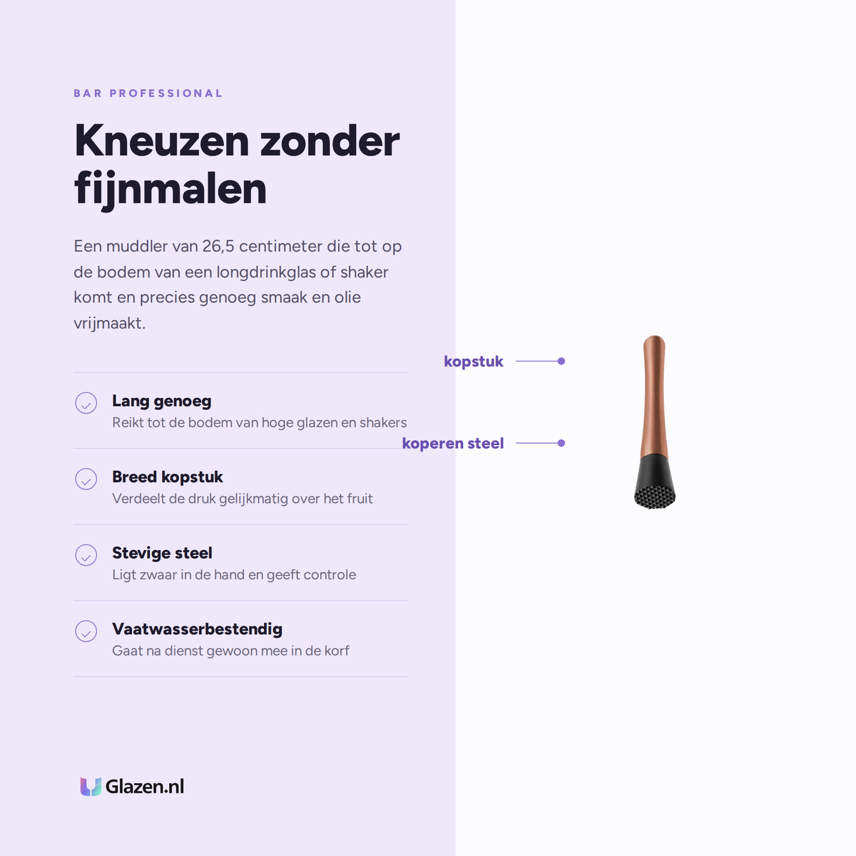 Eigenschappen van de muddler in koper van 26,5 centimeter van Bar Professional
