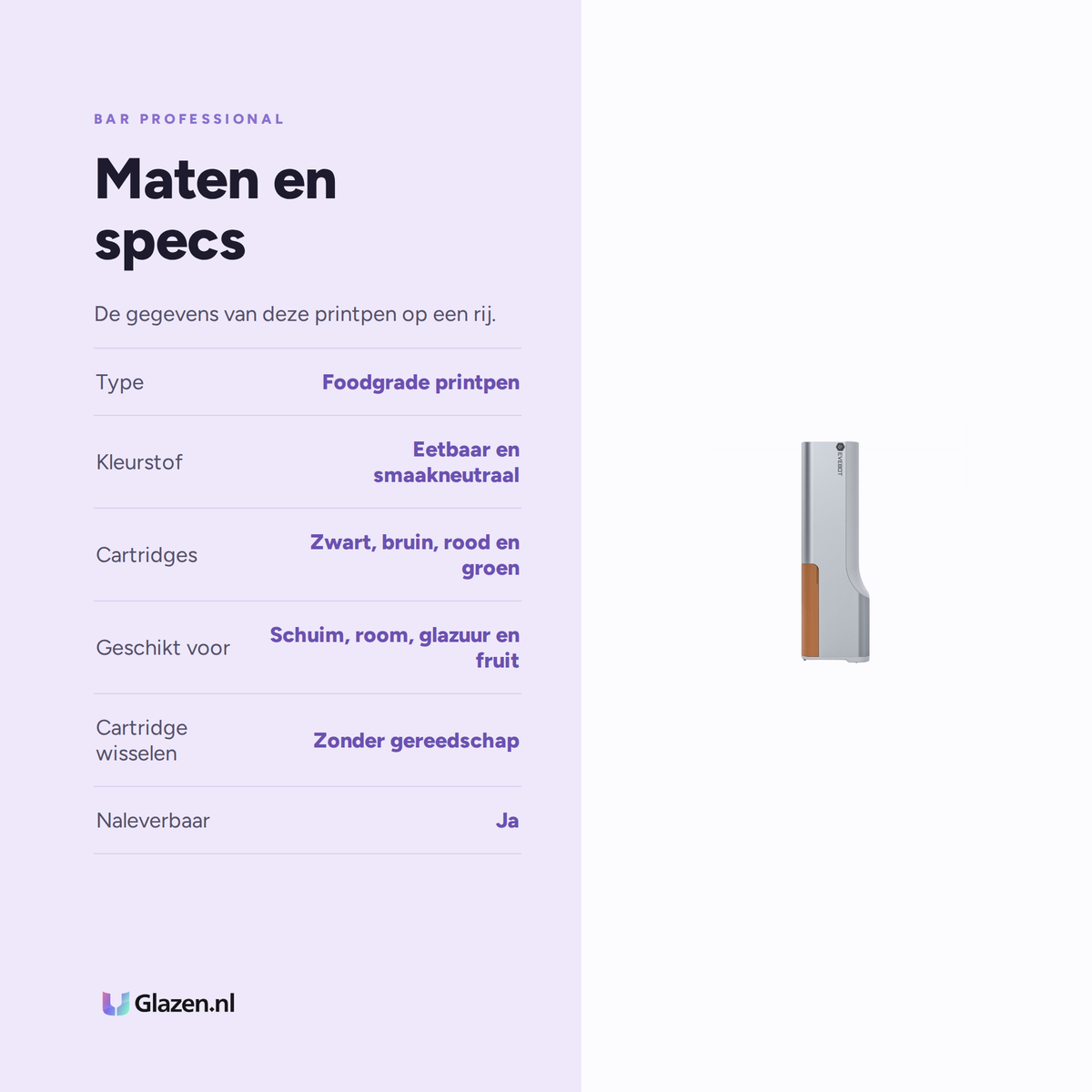 Maten en specificaties van de Bar Professional printpen met eetbare voedingskleurstof