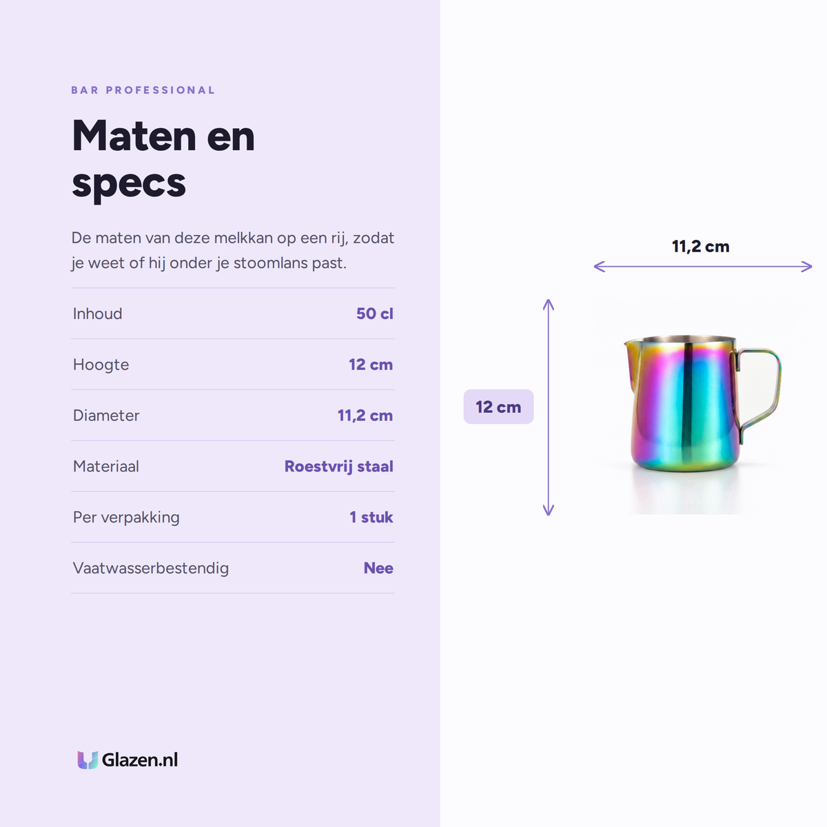 Maten en specs van de Bar Professional Rainbow Melkkan RVS 50 Cl