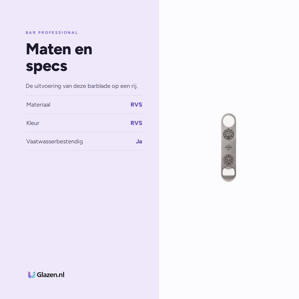 Maten en specificaties van Bar Professional Speakeasy Maori Barblade Flesopener RVS