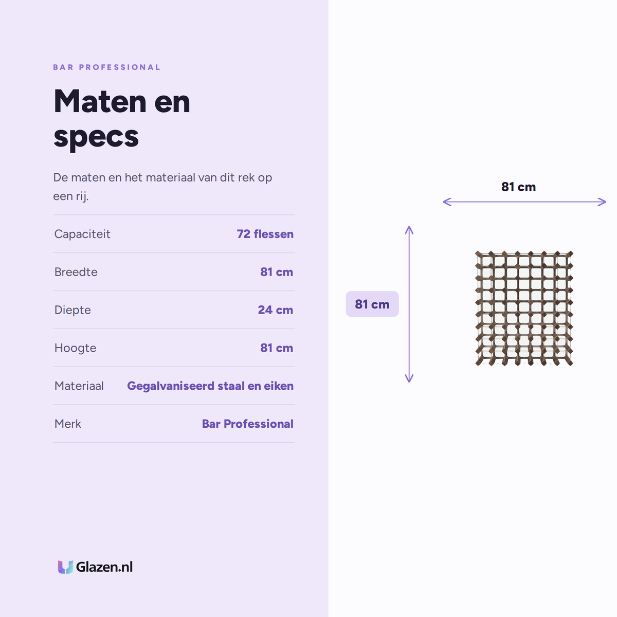 Bar Professional Wijnrek 72 Flessen Donker Eiken maten en specs - Glazen.nl