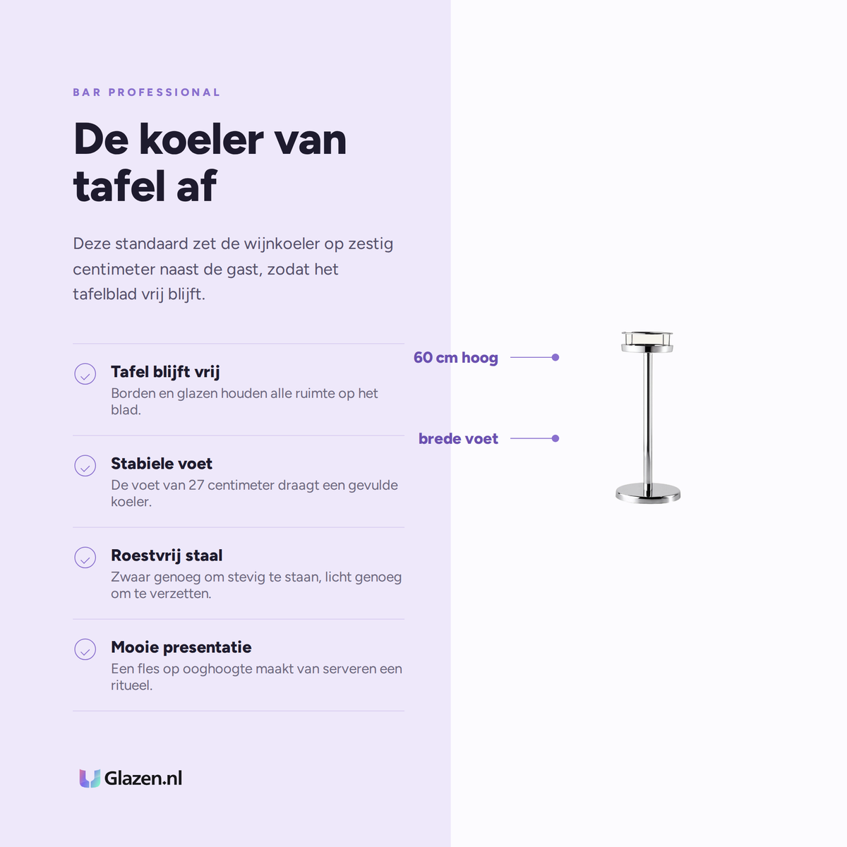 Infographic met de eigenschappen van Bar Professional Wijnstandaard RVS 60 cm