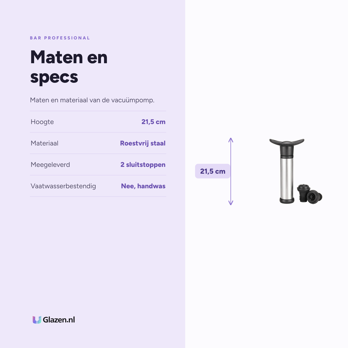 Maten en specificaties van Bar Professional Wijnvacuumpomp RVS met 2 Sluitstoppen
