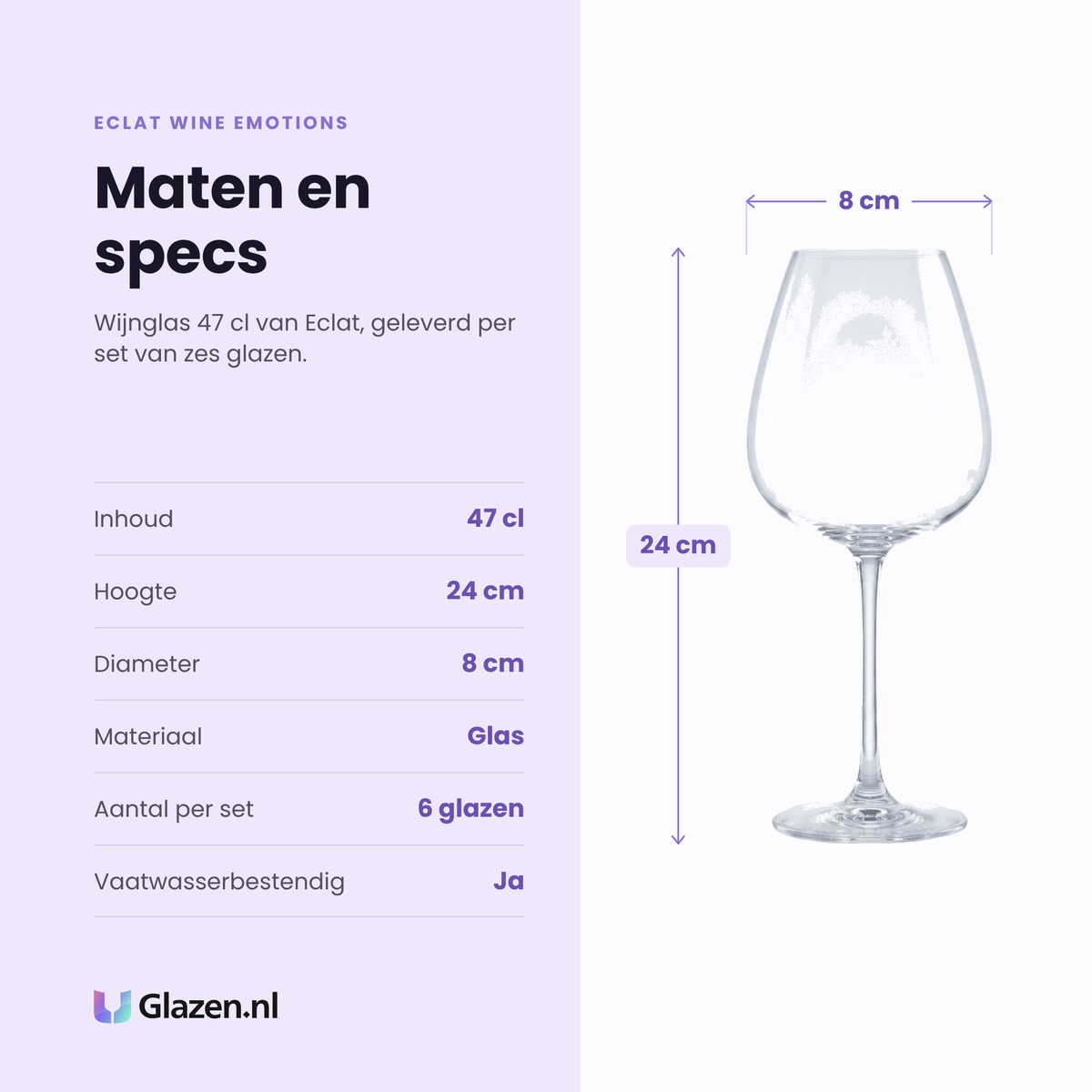 Eclat Wine Emotions wijnglas 47 cl specificaties: inhoud 47 cl, hoogte 24 cm, diameter 8 cm, glas, set van 6