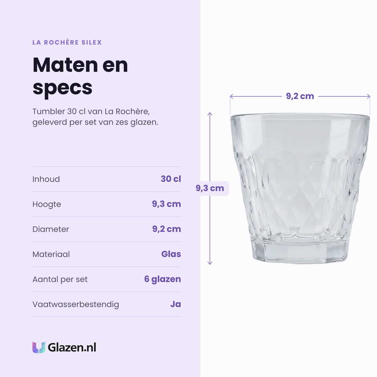 La Rochère Silex tumbler 30 cl specificaties: inhoud 30 cl, hoogte 9,3 cm, diameter 9,2 cm, glas, set van 6