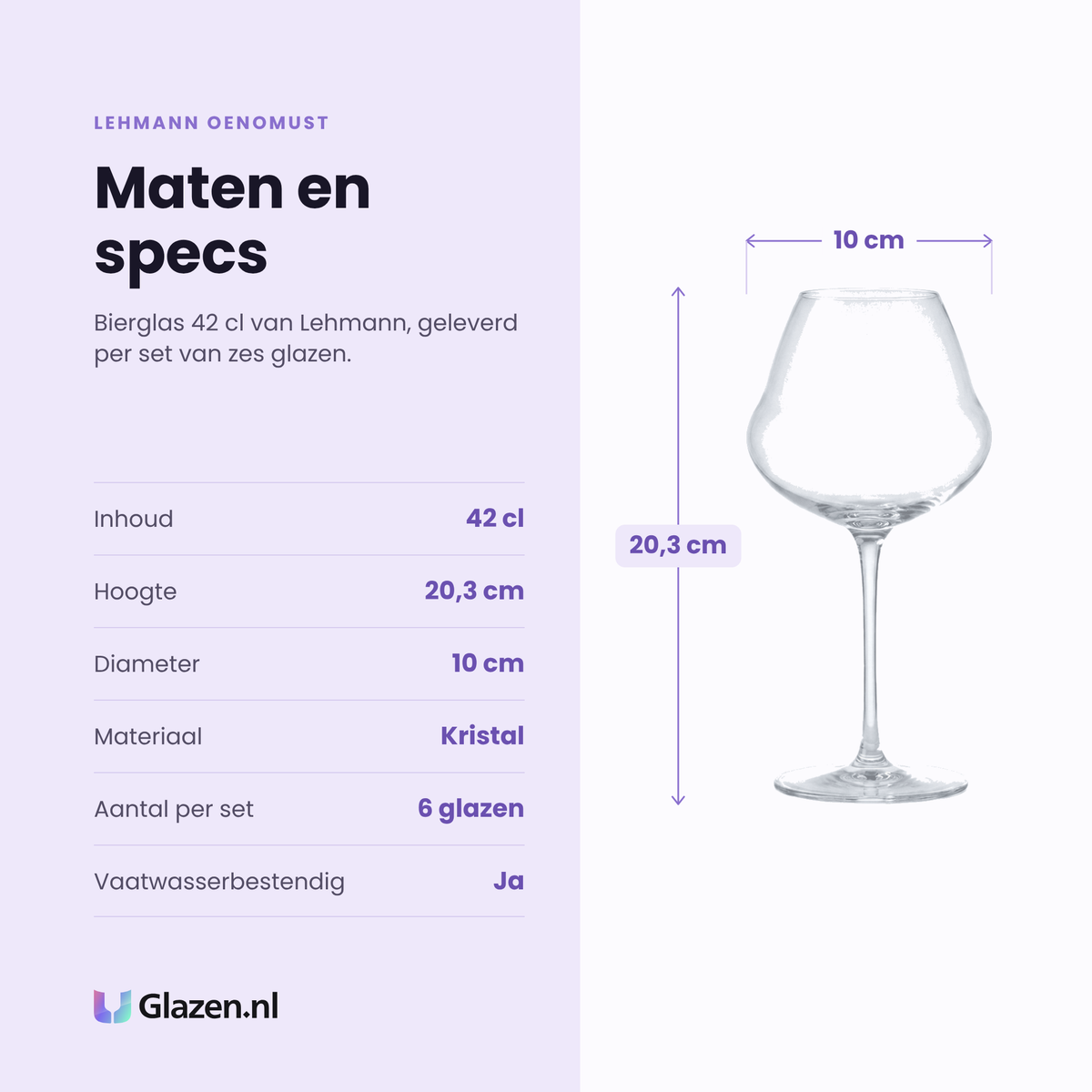 Lehmann Oenomust bierglas 42 cl specificaties: inhoud 42 cl, hoogte 20,3 cm, diameter 10 cm, kristal, set van 6