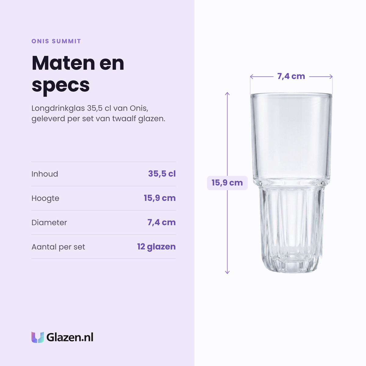 Onis Summit longdrinkglas 35,5 cl specificaties: inhoud 35,5 cl, hoogte 15,9 cm, diameter 7,4 cm, set van 12