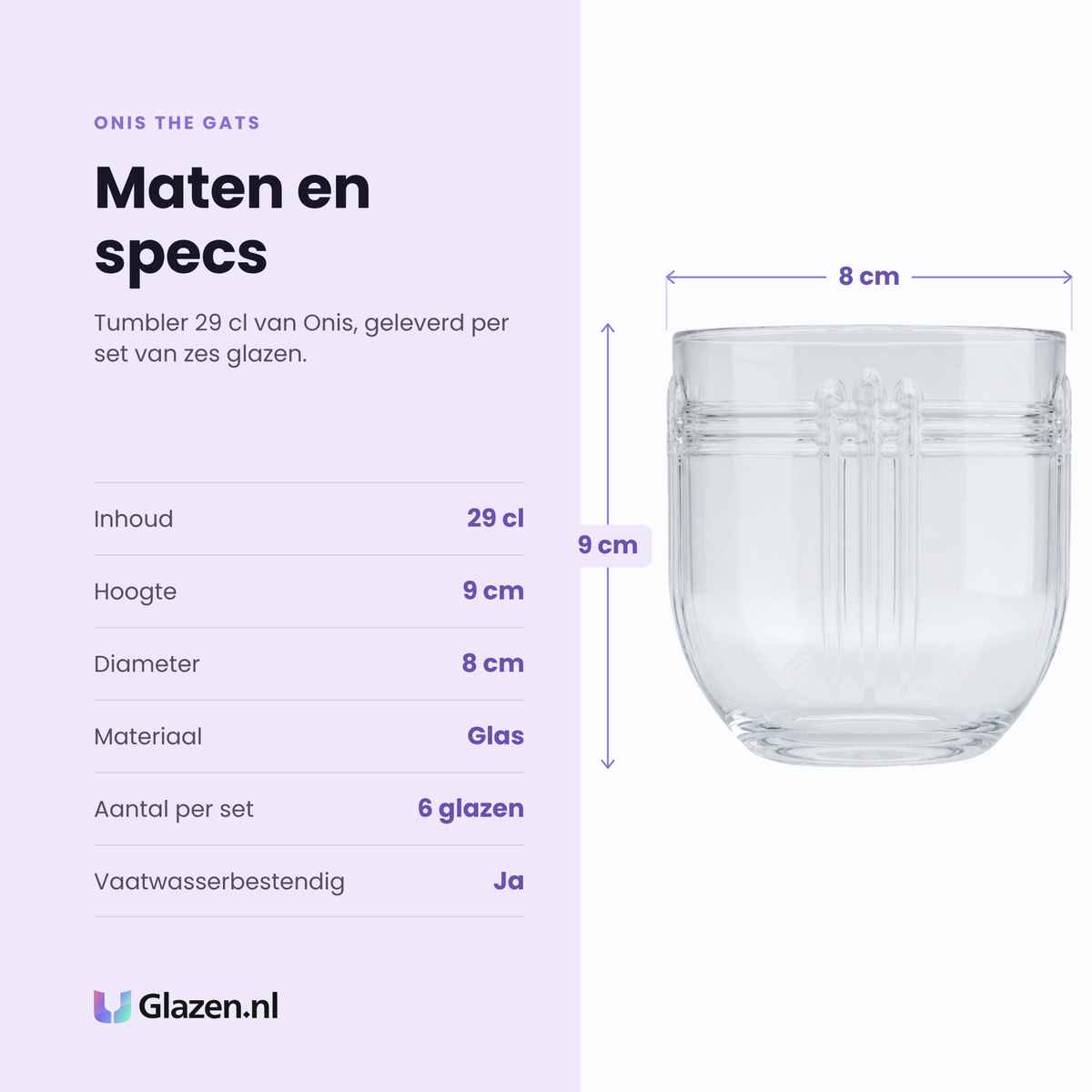 Onis The Gats tumbler 29 cl specificaties: inhoud 29 cl, hoogte 9 cm, diameter 8 cm, glas, set van 6