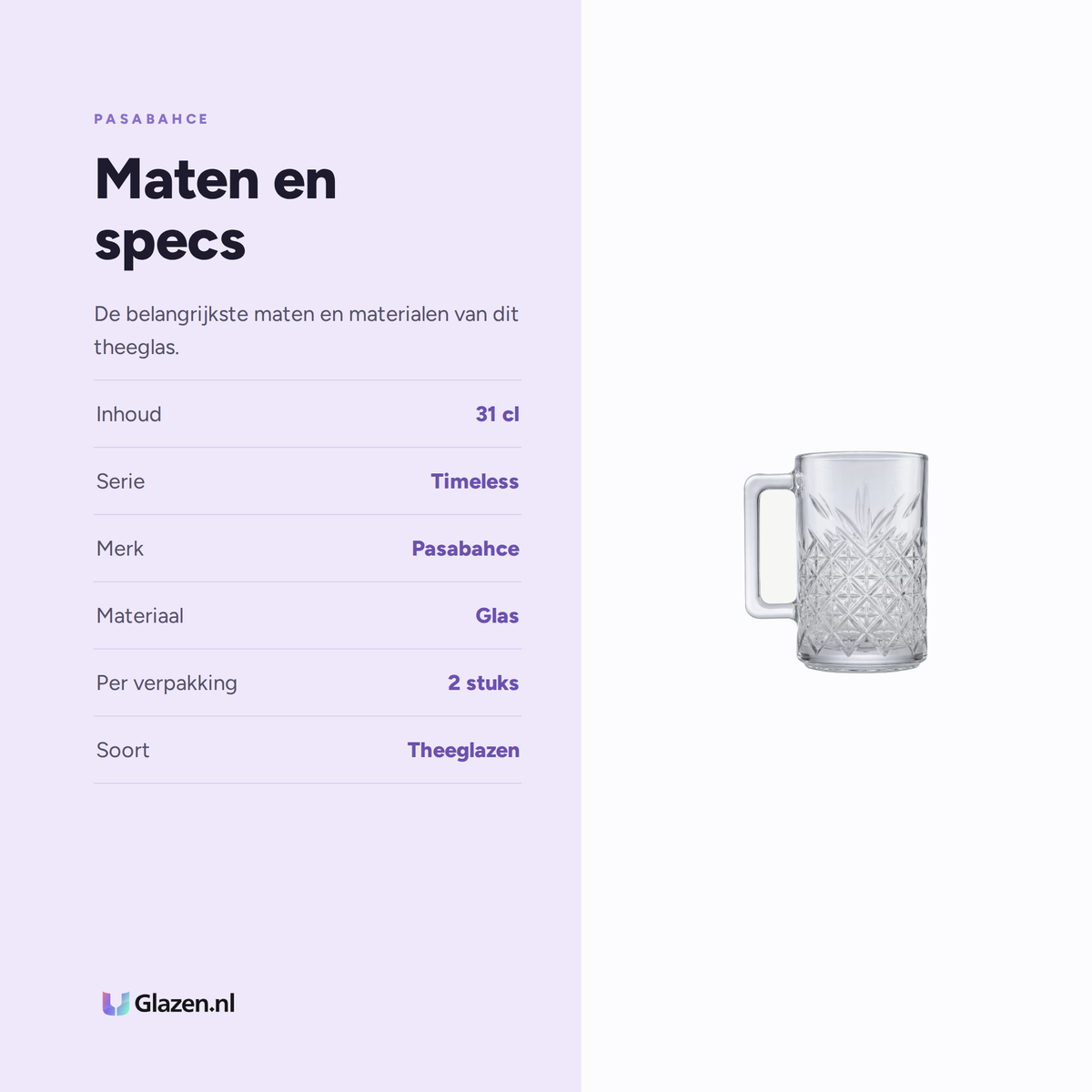 Infographic met de maten en specificaties van Pasabahce Timeless Theeglas 31 Cl - 2 Stuks