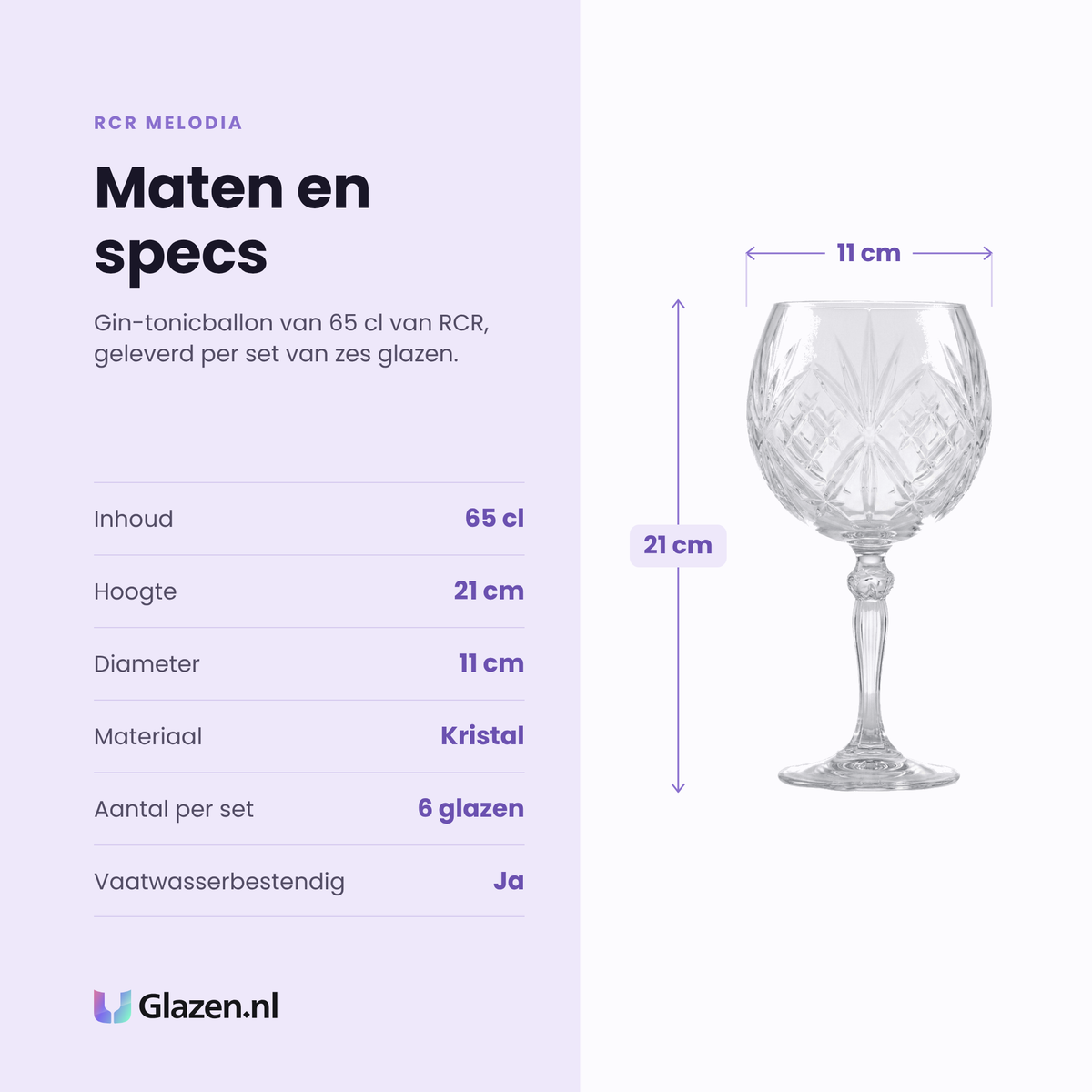 RCR Melodia gin tonic glas 65 cl specificaties: inhoud 65 cl, hoogte 21 cm, diameter 11 cm, kristal, set van 6