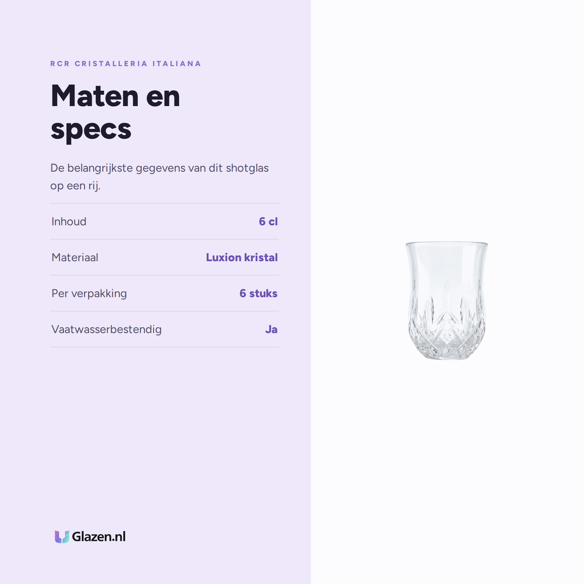 Maten en specs van de RCR Opera Shotglas 6 Cl, 6 Stuks