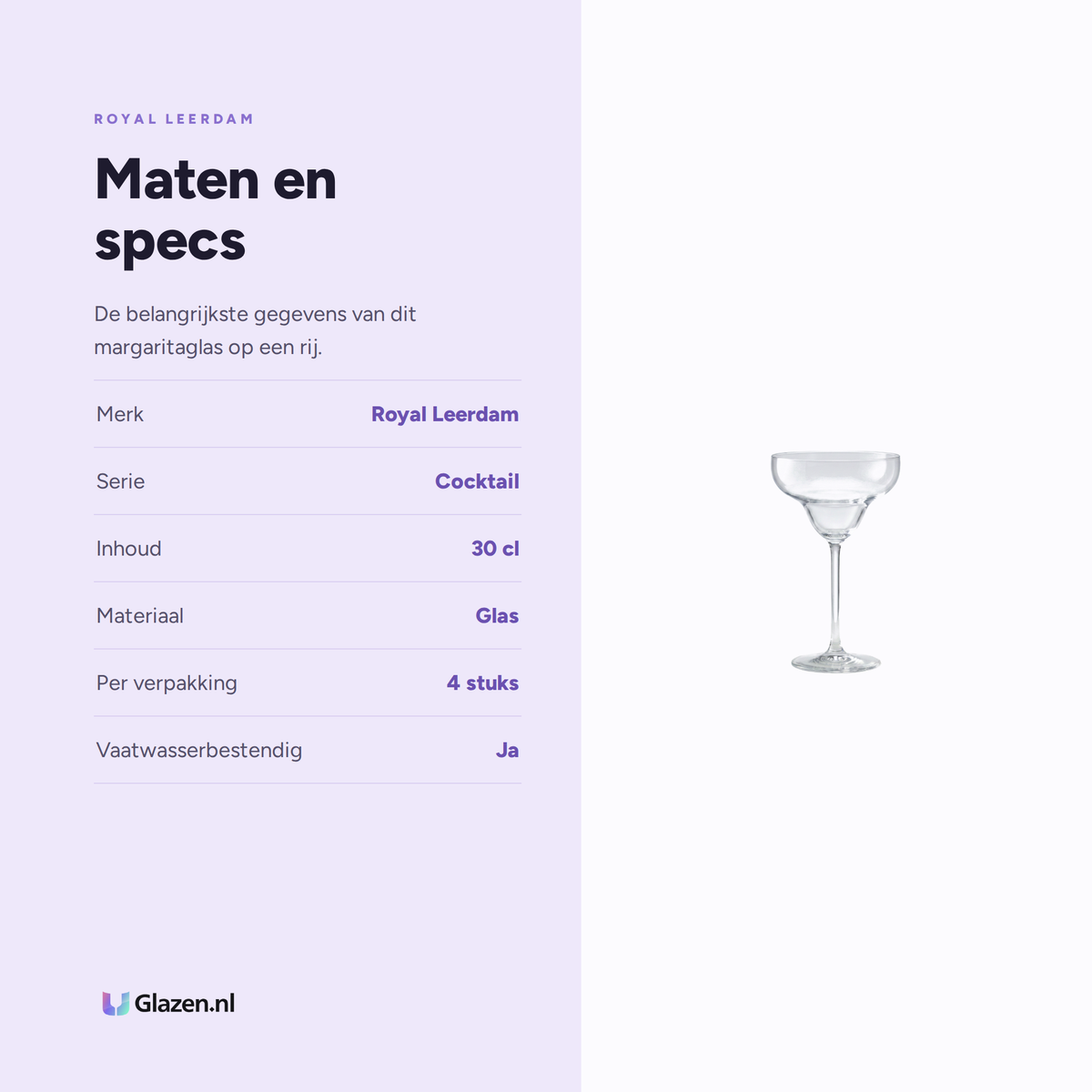 Maten en specificaties van de Royal Leerdam Cocktail Margaritaglas 30 Cl - 4 Stuks