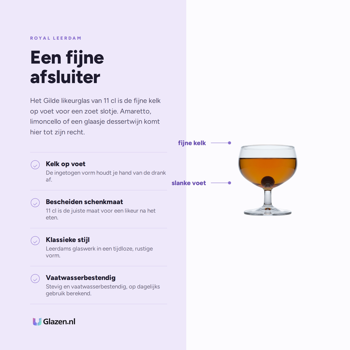 Infographic met de eigenschappen van Royal Leerdam Gilde Likeurglas 11 Cl - 6 Stuks