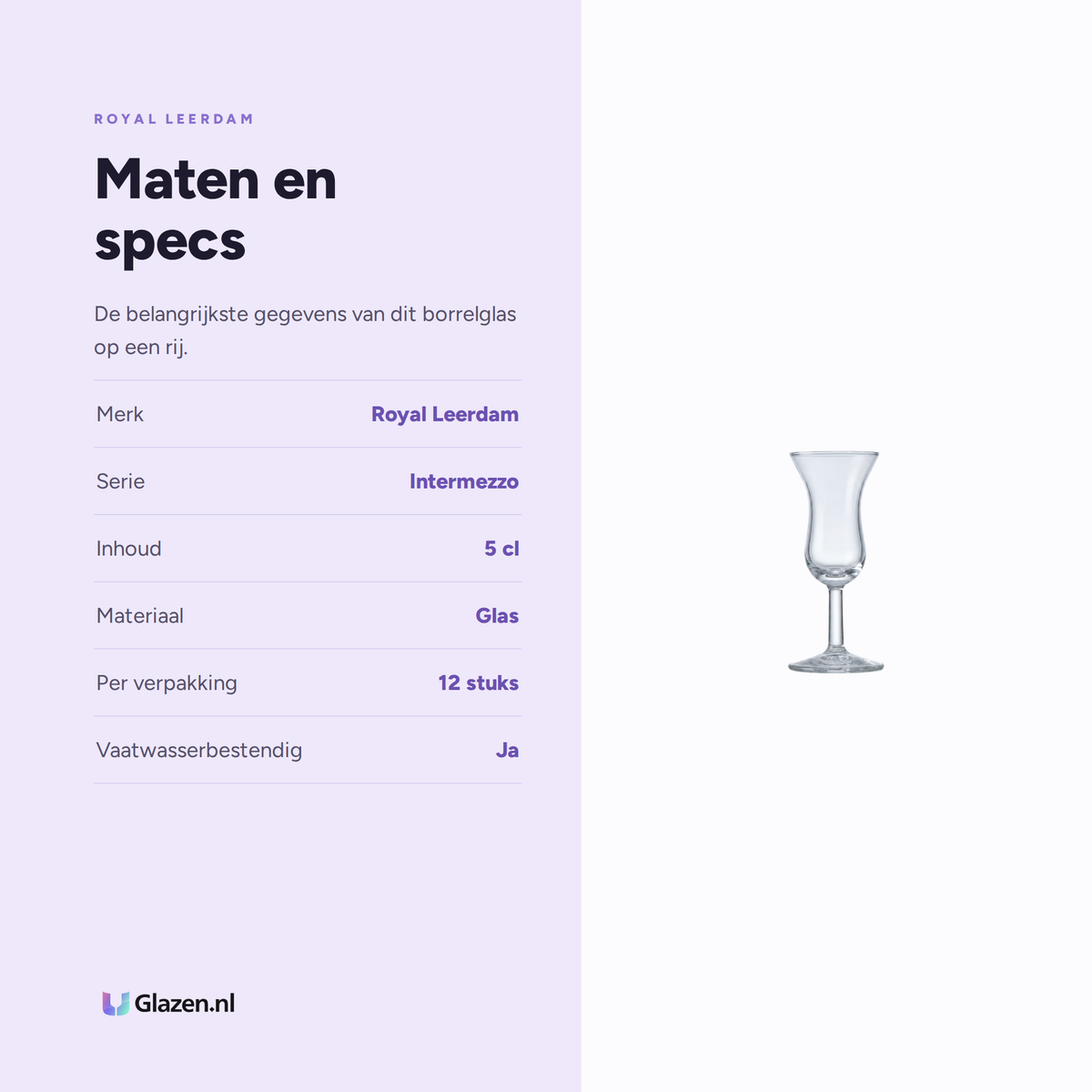 Maten en specificaties van de Royal Leerdam Intermezzo Borrelglas 5 Cl Oudhollandse Roemer - 12 Stuks