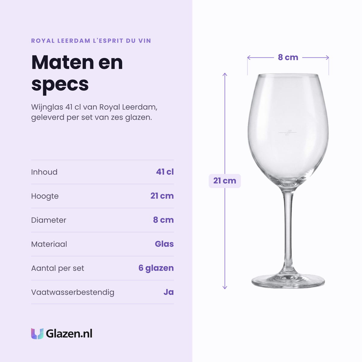 Royal Leerdam L'Esprit Du Vin wijnglas 41 cl specificaties: inhoud 41 cl, hoogte 21 cm, diameter 8 cm, glas, set van 6