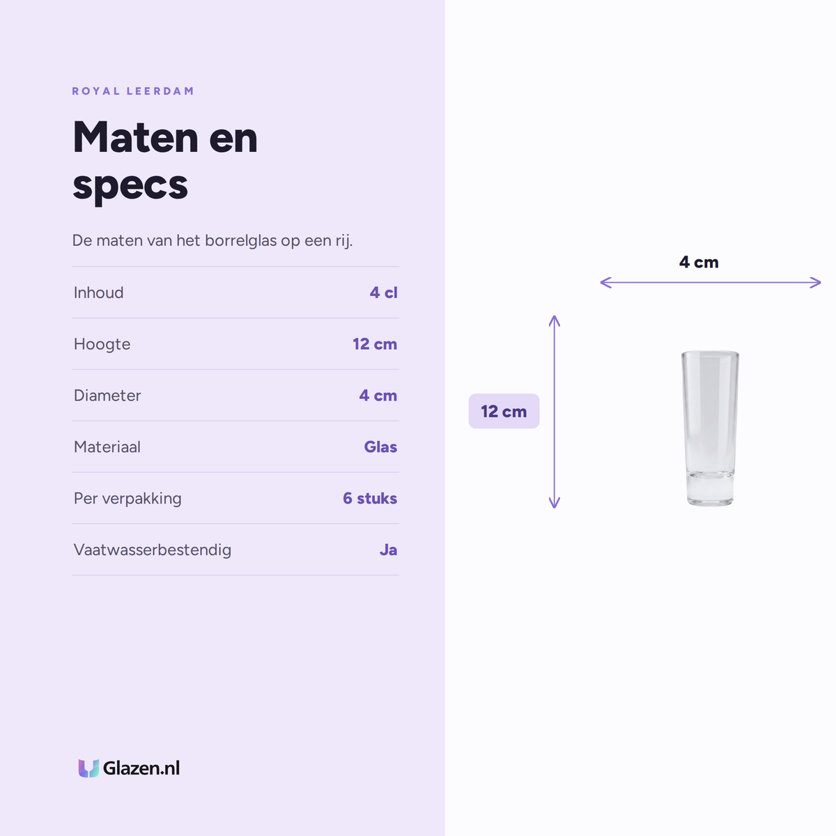 Maten en specificaties van de Royal Leerdam Party At Home Borrelglas 4 Cl - 6 Stuks
