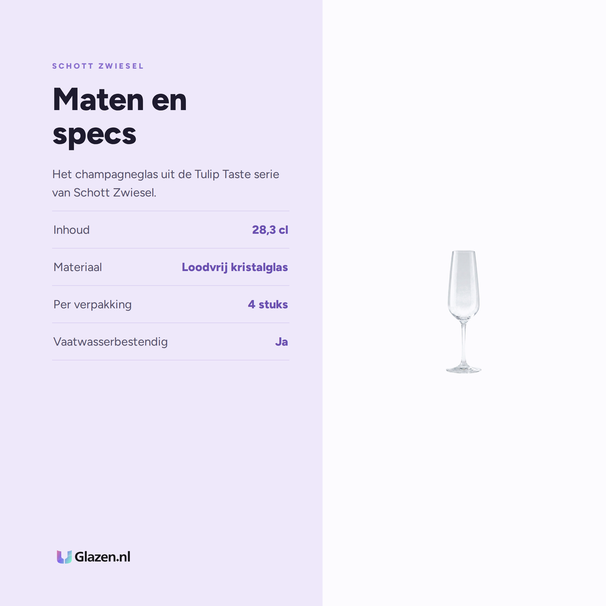 Maten en specs van Schott Zwiesel Tulip Taste Champagneglas 28,3 Cl met Mousseerpunt