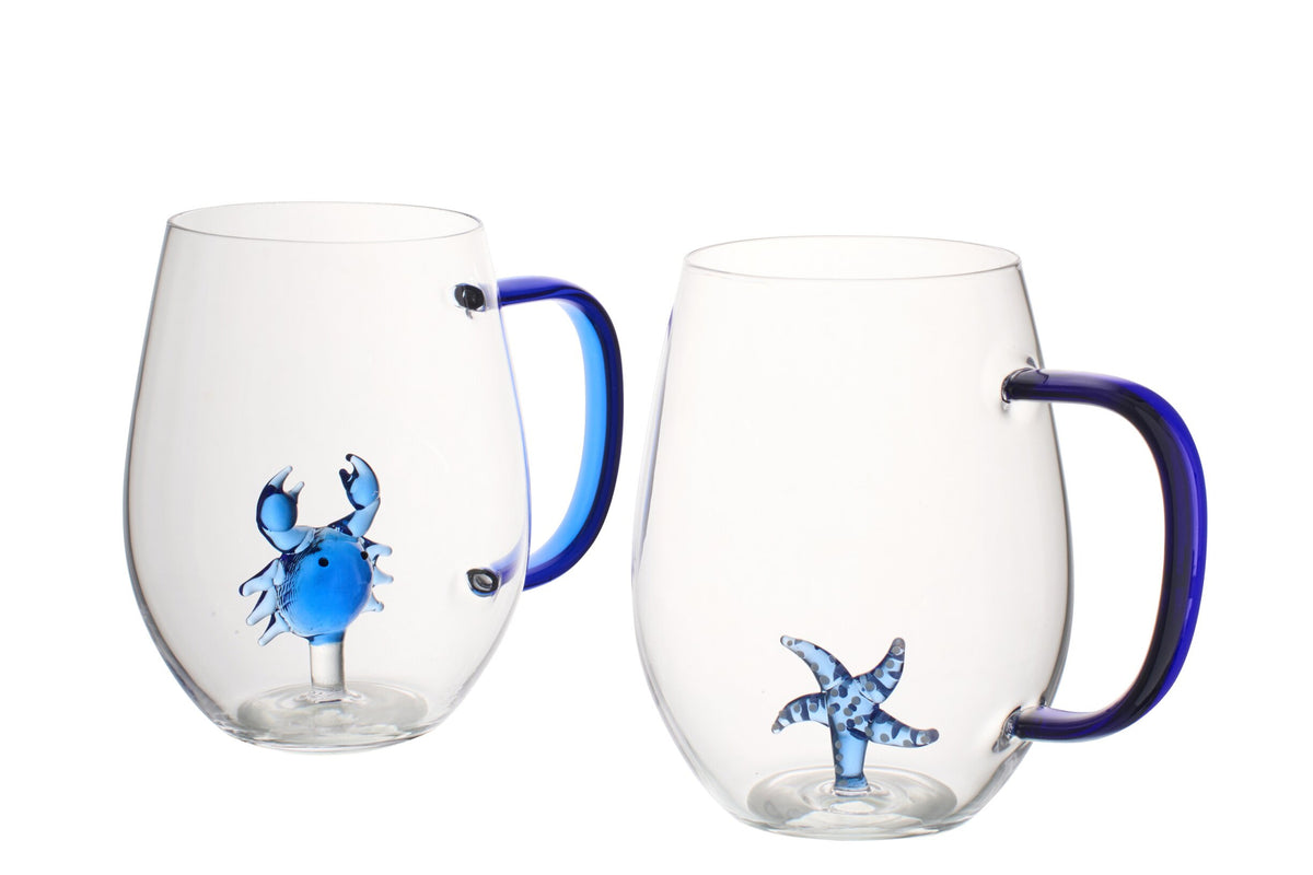 Bicchieri d’acqua J-Line a forma di stella marina/granchio con manico, blu/trasparenti assortiti – 2 pezzi