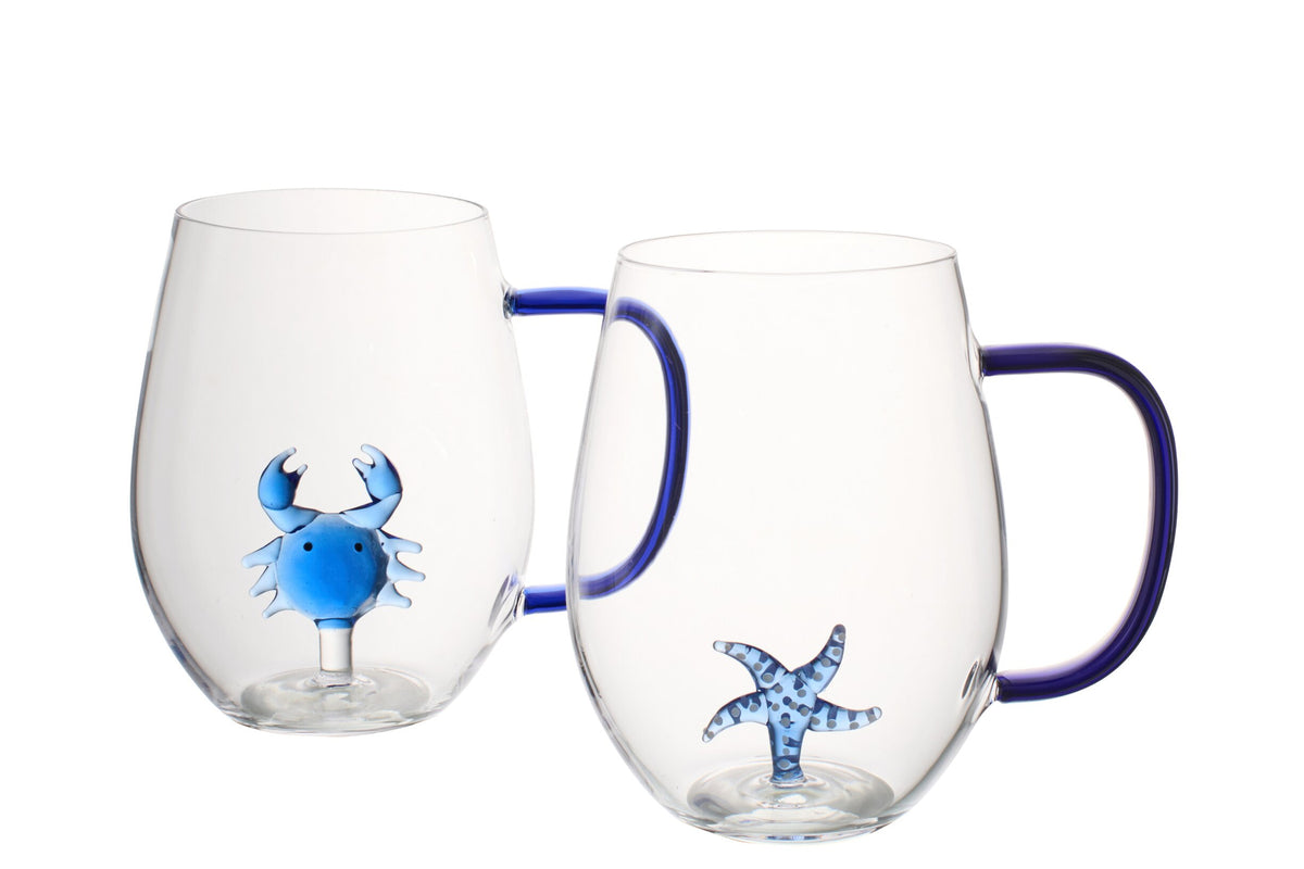 Bicchieri d’acqua J-Line a forma di stella marina/granchio con manico, blu/trasparenti assortiti – 2 pezzi