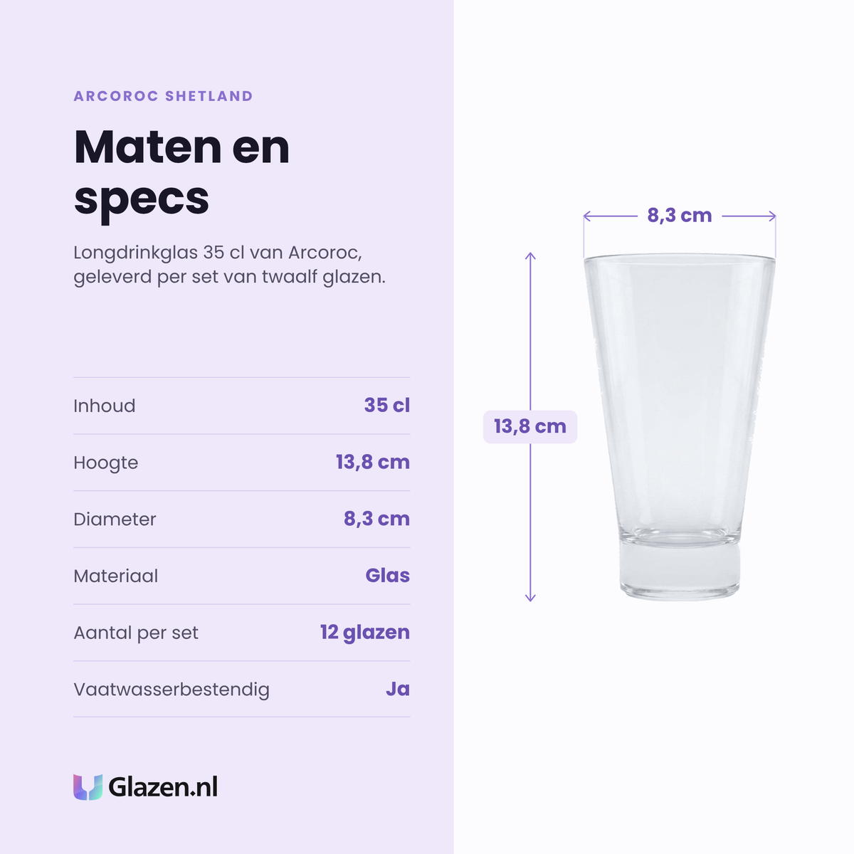 Arcoroc Shetland longdrinkglas 35 cl specificaties: inhoud 35 cl, hoogte 13,8 cm, diameter 8,3 cm, glas, set van 12