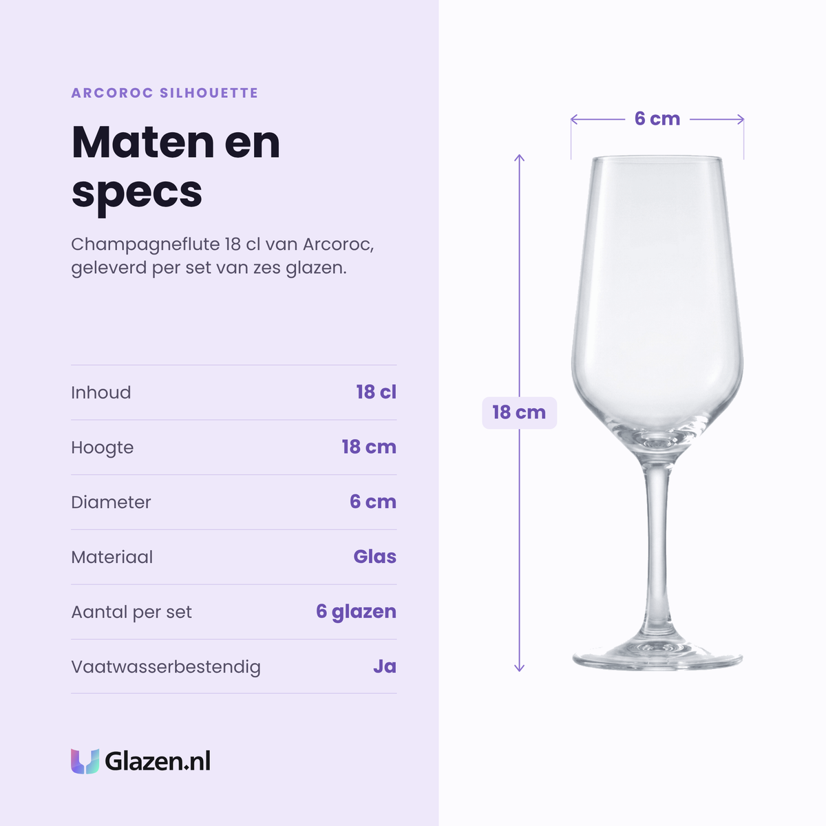 Arcoroc Silhouette champagneflute 18 cl specificaties: inhoud 18 cl, hoogte 18 cm, diameter 6 cm, glas, set van 6