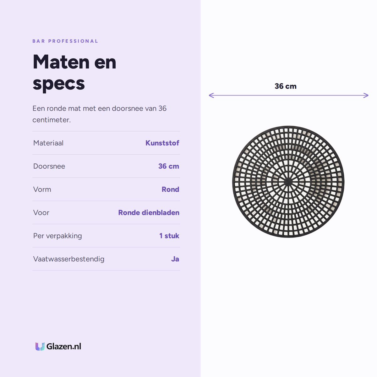 Maten en specs van Bar Professional Antislipmat Dienblad 36 cm