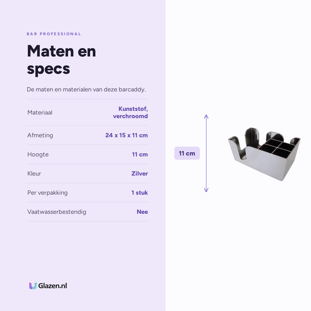 Infographic met de maten en specificaties van Bar Professional Barcaddy Chroom 6-Vaks 24 Cm