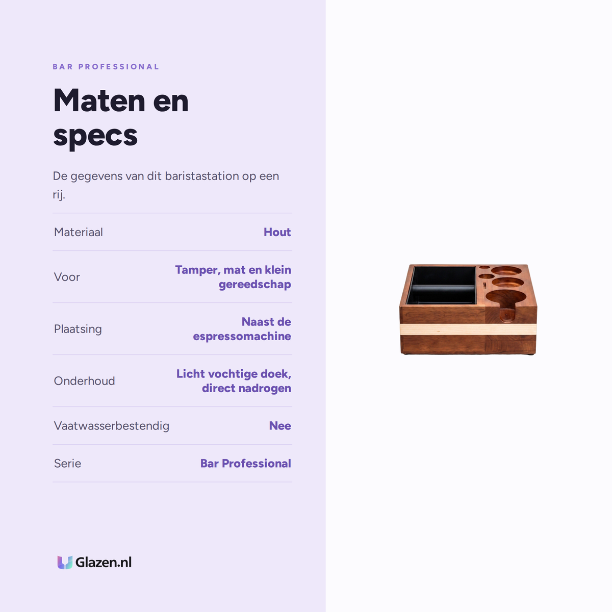Maten en specificaties van het houten Bar Professional baristastation