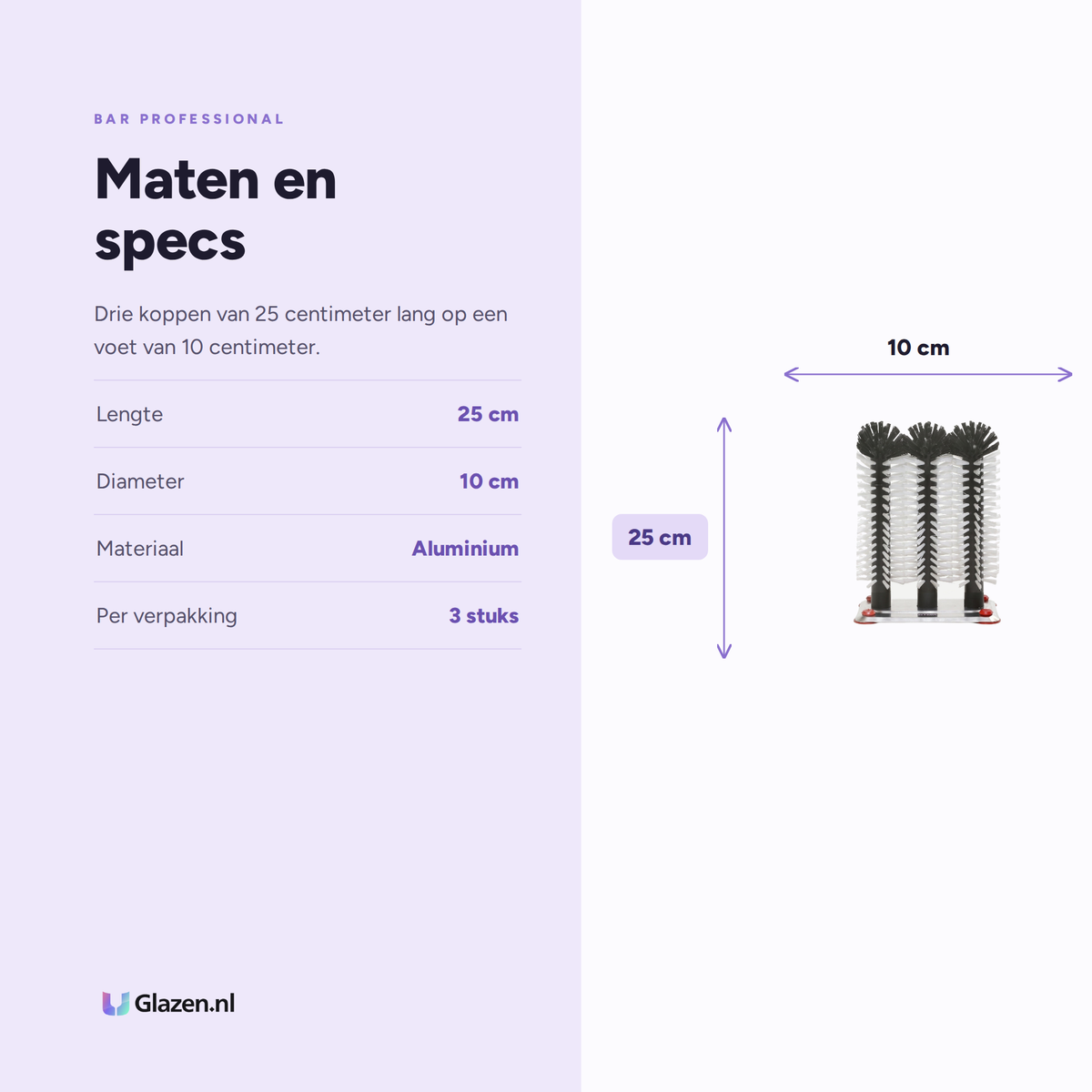 Maten en specificaties van de Bar Professional borstelkoppen van aluminium