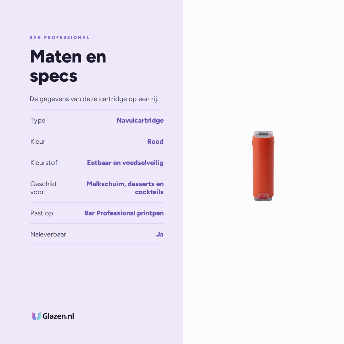 Maten en specificaties van de rode cartridge voor de Bar Professional printpen
