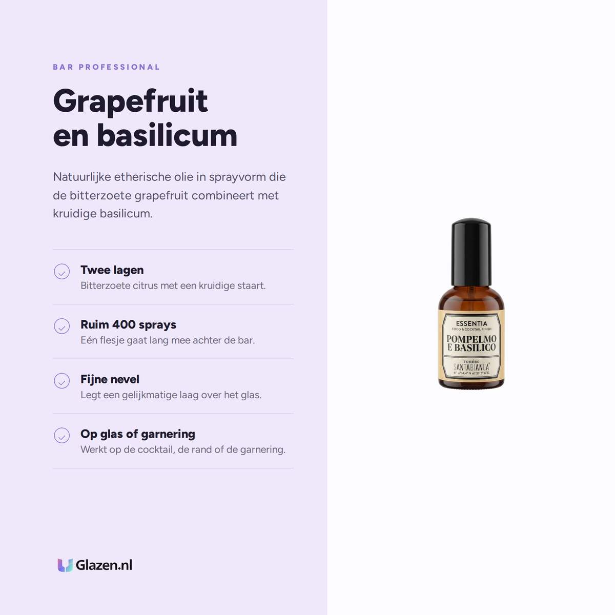 Infographic met de eigenschappen van Bar Professional Essentia Grapefruit Basilicum Aroma Spray 50 Ml