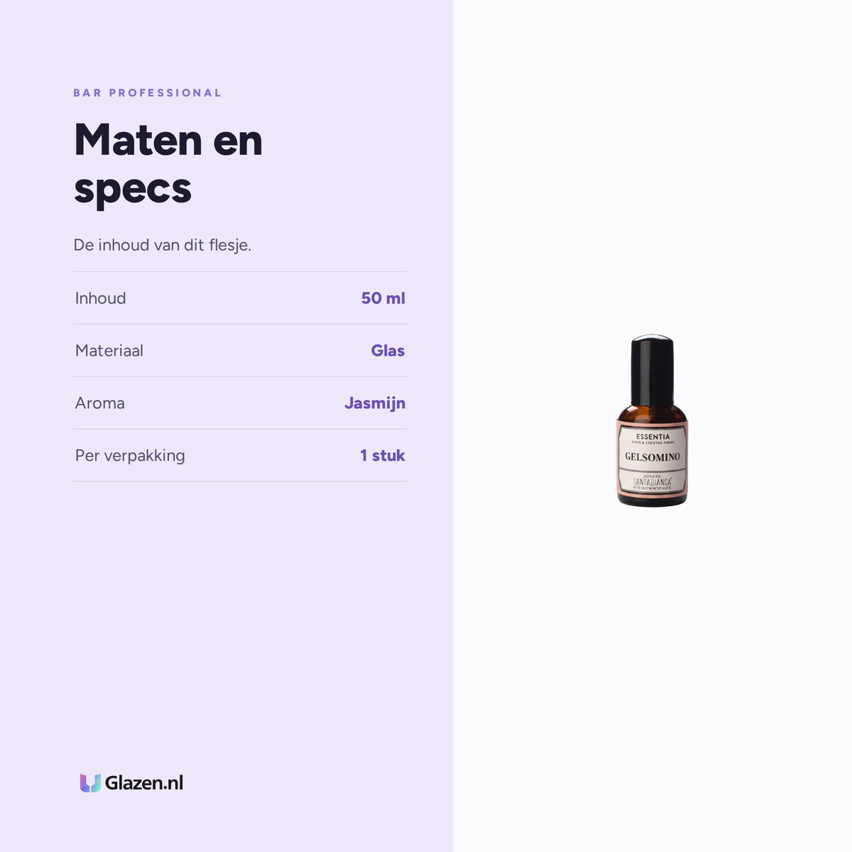 Infographic met de maten en specificaties van Bar Professional Essentia Jasmijn Aroma 50ml