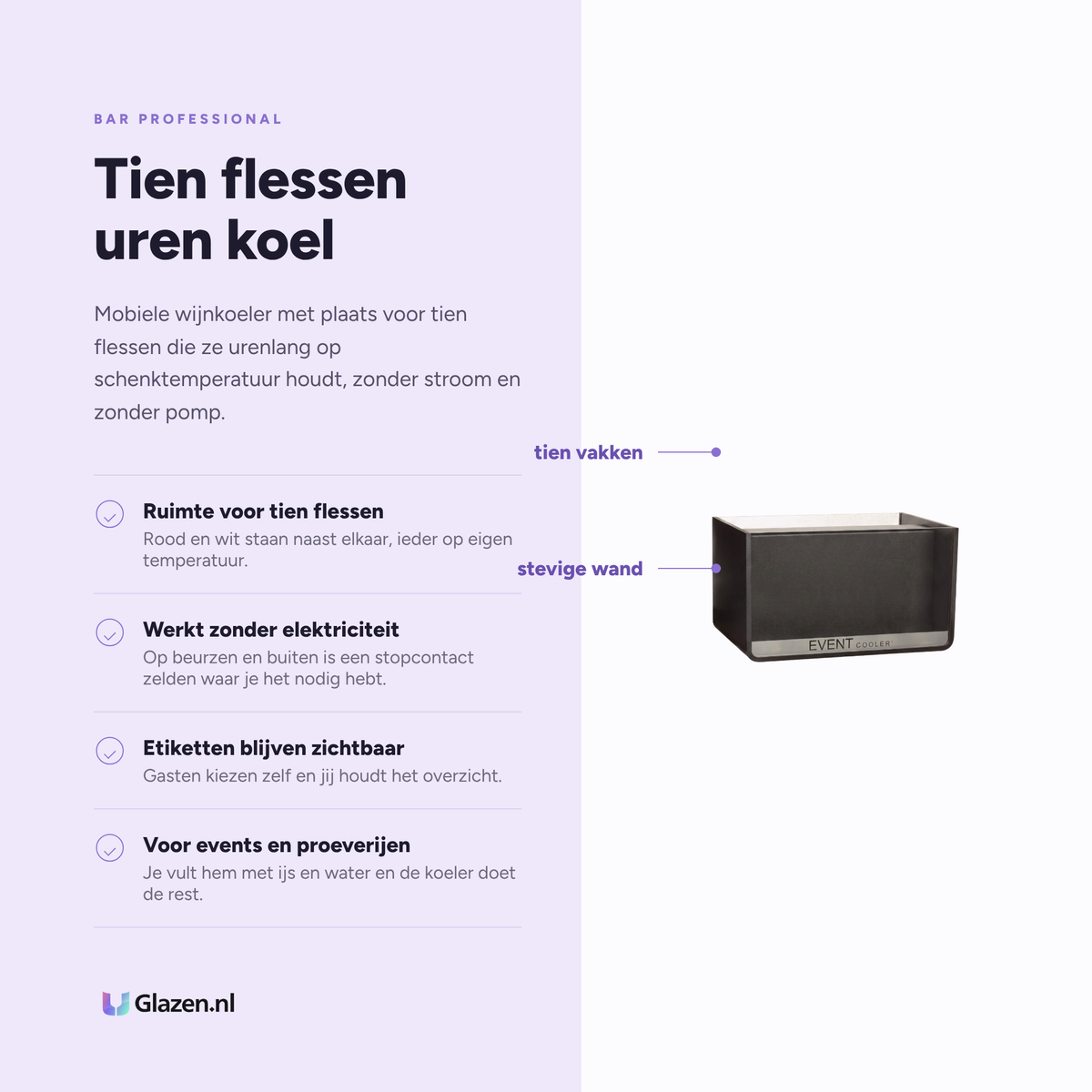 Infographic met de eigenschappen van Bar Professional Eventcooler Vario 10 Wijnkoeler