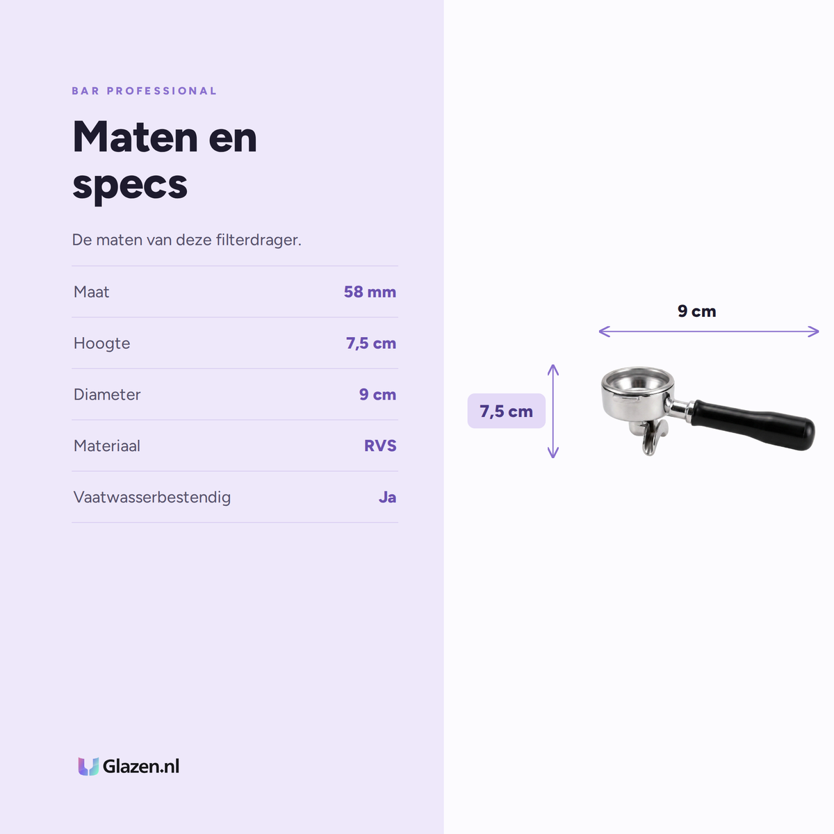 Maten en specificaties van Bar Professional Filterdrager Dubbel 58 mm E61 RVS