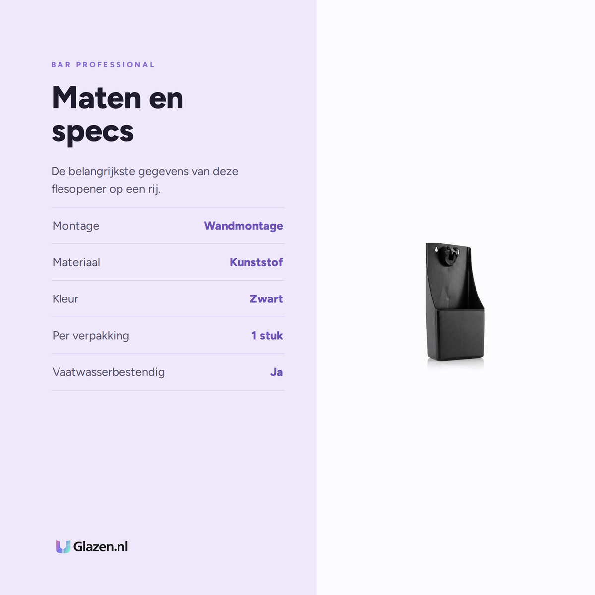 Maten en specificaties van Bar Professional Flesopener met Dopopvang Zwart