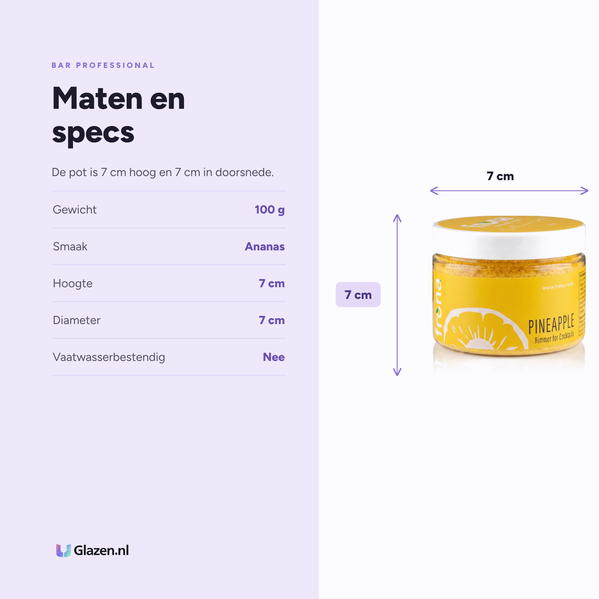 Maten en specificaties van Frona Glasrimmer Ananas 100 G van Bar Professional