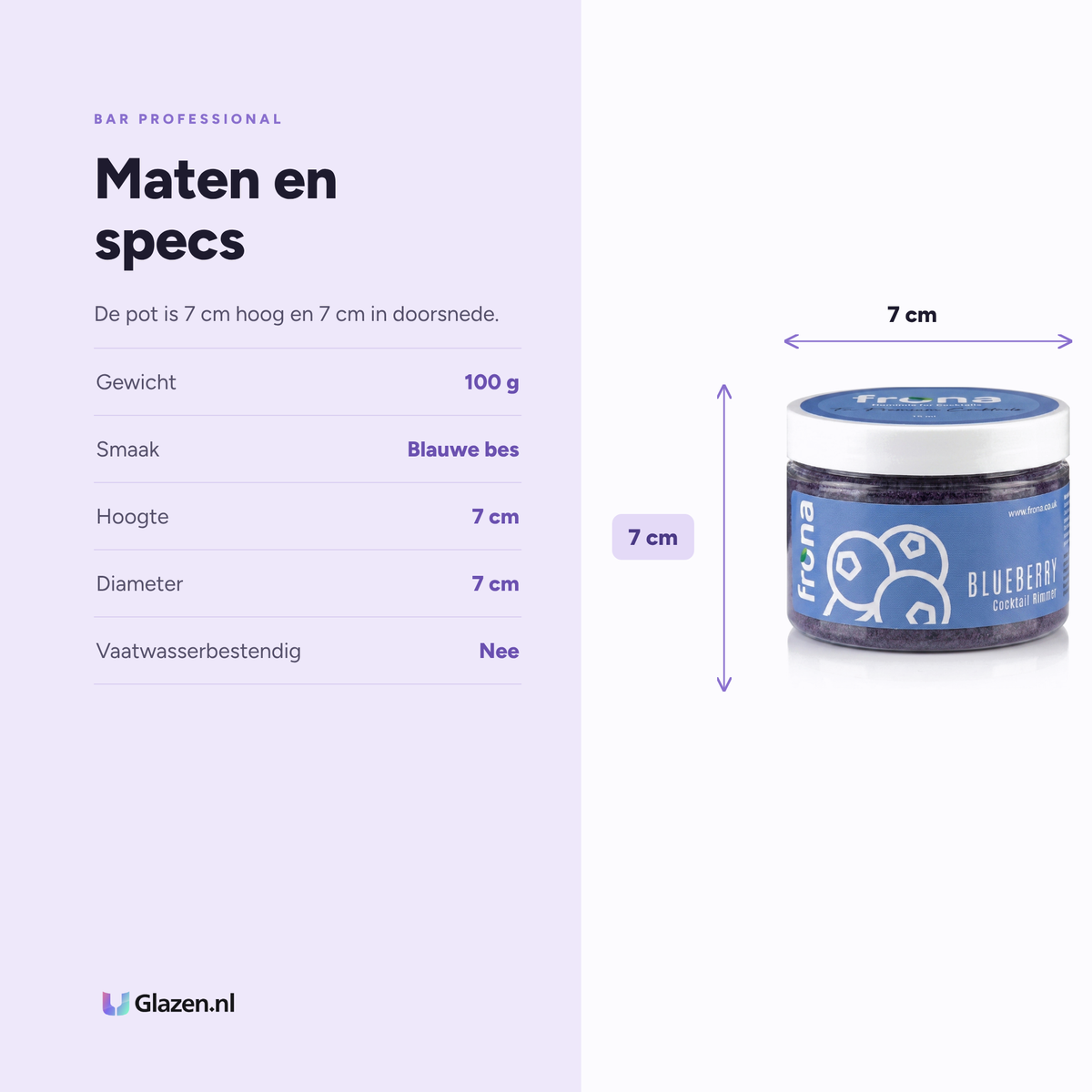 Maten en specificaties van Frona Glasrimmer Blauwe Bes 100 G van Bar Professional