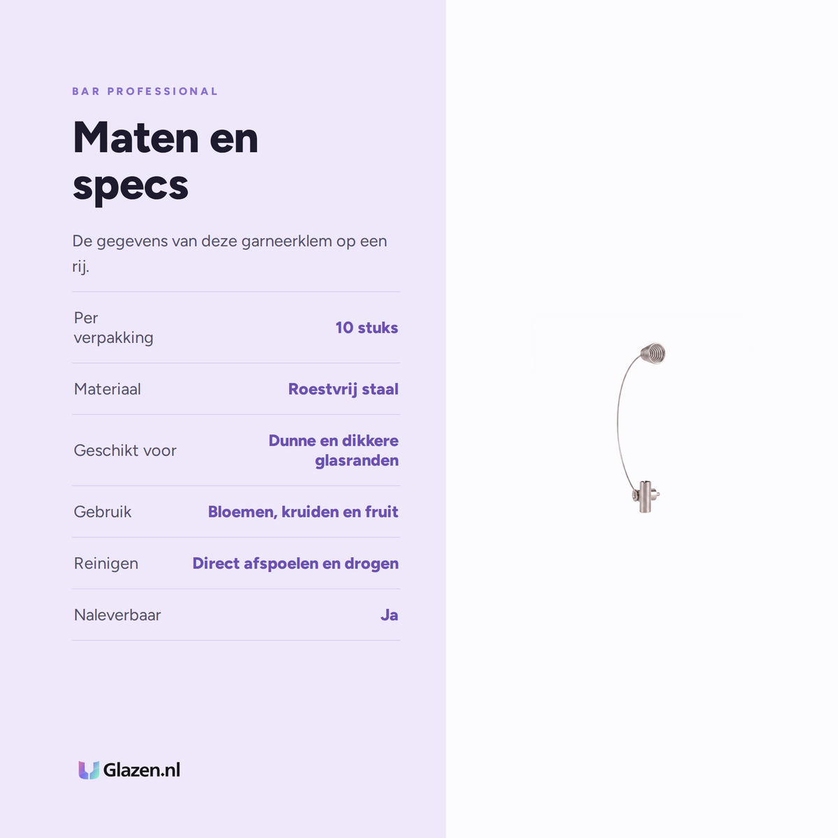 Maten en specificaties van de Bar Professional universele garneerklem van roestvrij staal