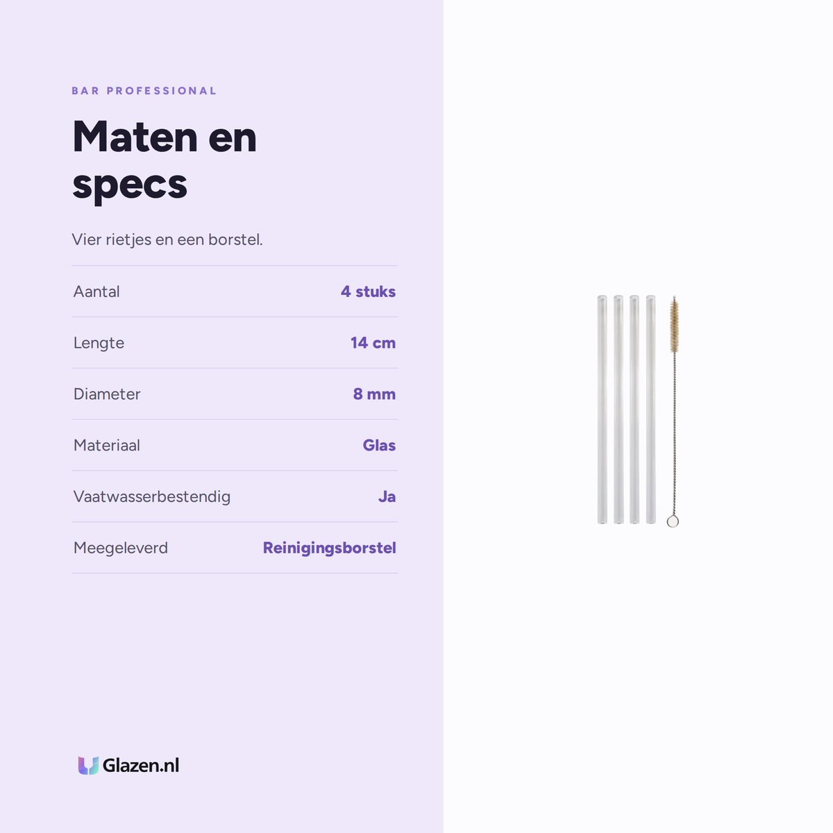 Bar Professional Glazen Rietjes 14 cm met Reinigingsborstel Set maten en specs